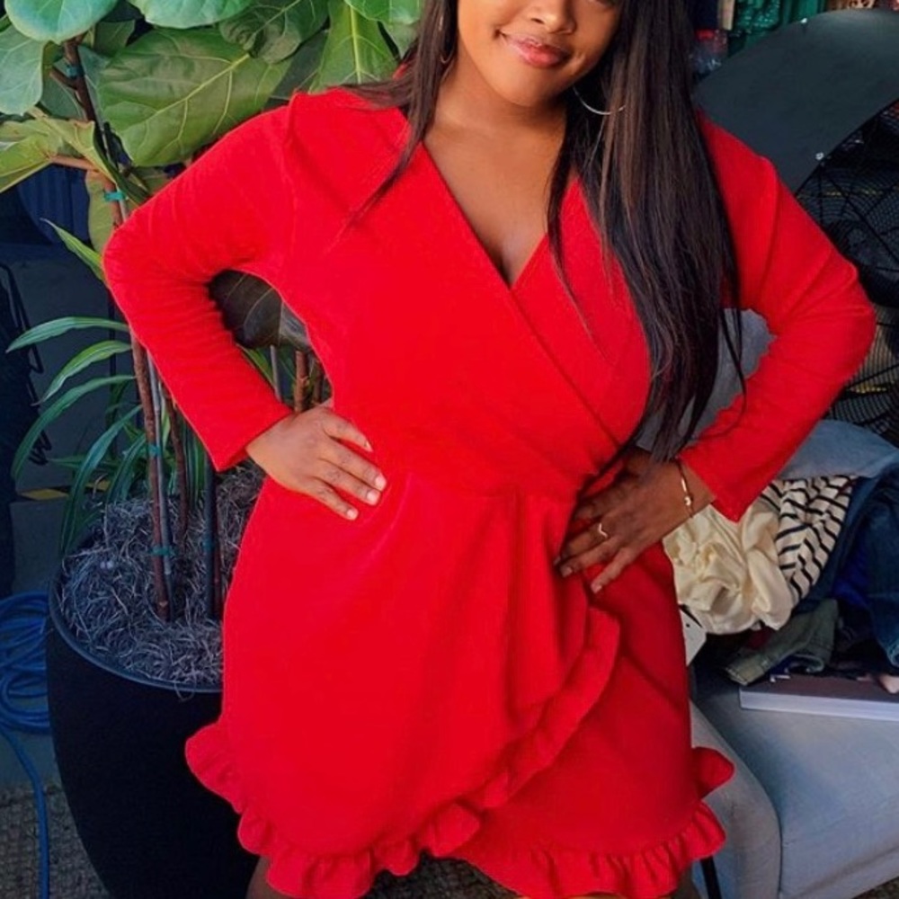 Red Plus Size Long Sleeve Ruffle Dress